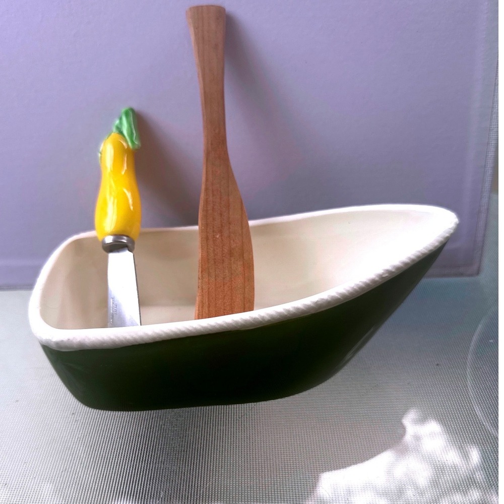 Mud Pie Boat Dipping Bowl Set Green White Rope Trim Ceramic Wood Spreader